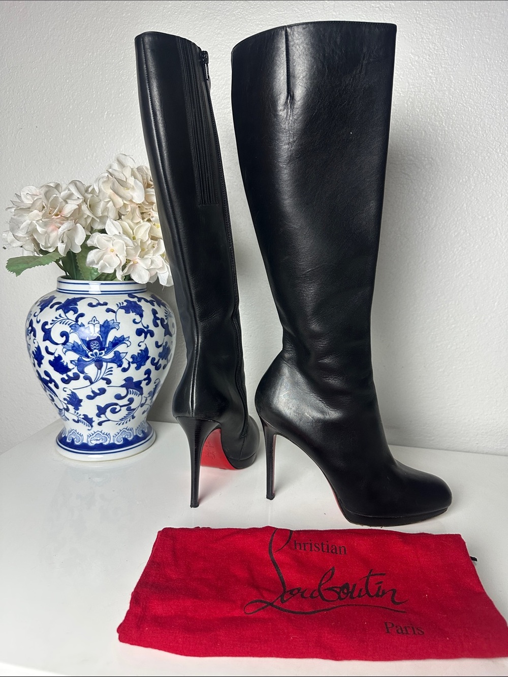 Christian Louboutin Black Leather Over-the-Knee Stiletto Boots with Red Soles